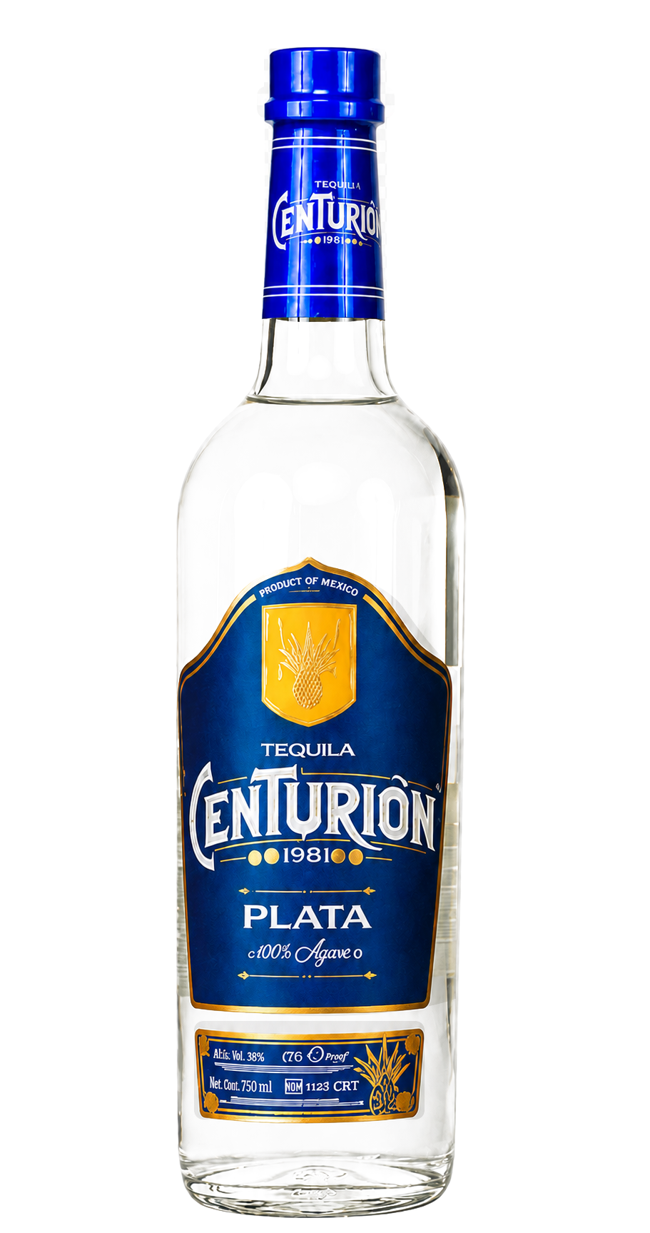 Tequila Centurión Plata bottle with blue label and neck