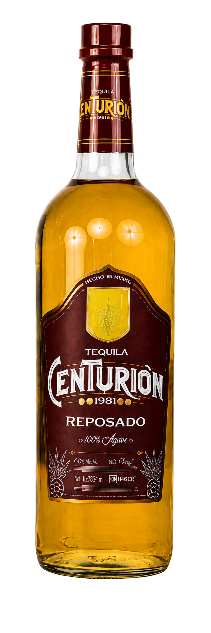 Tequila Centurión Reposado bottle with burgundy label and neck