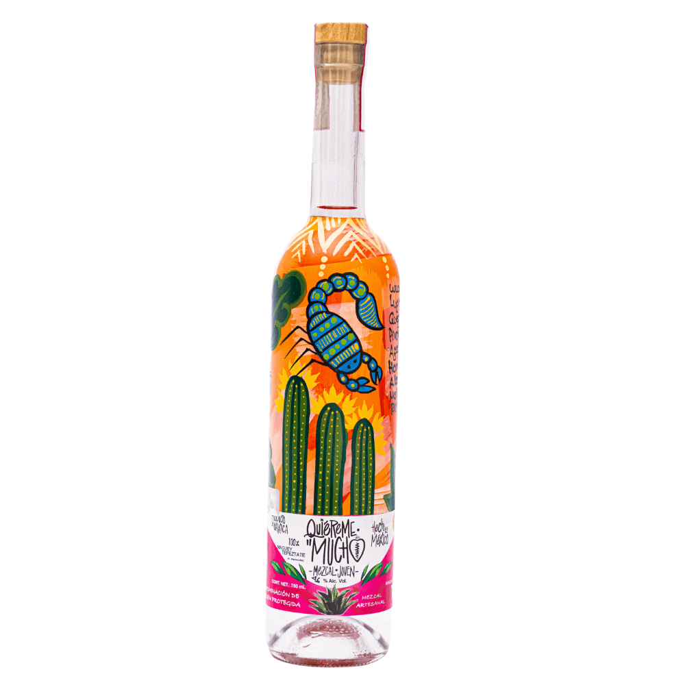 Quiéreme Mucho Tepeztate hand-painted bottle with scorpion and cactus artwork