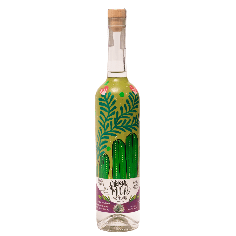 Quiéreme Mucho Tobalá hand-painted bottle with cactus artwork